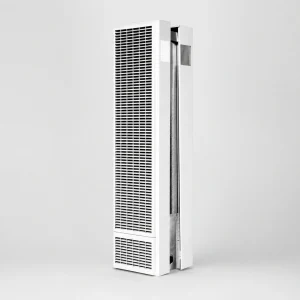 Tall white tower air purifier with a large front grille, standing upright in a neutral setting.