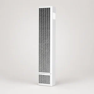 Tall white tower air purifier with a large vented front grille standing on a neutral background