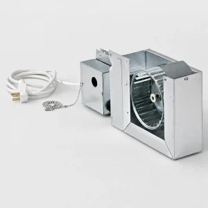 Metal duct blower with a circular impeller and attached power cord, an industrial ventilation component on a white background