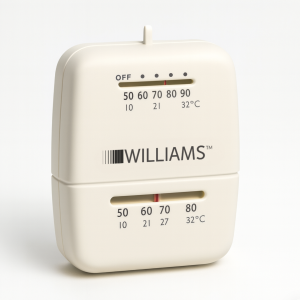 Cream double-slot Williams toaster with sliding timer and the Williams logo visible.